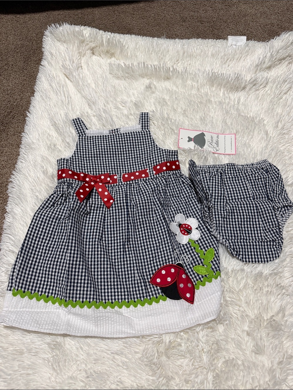Rare Editions Black & White Gingham Dress with Red Polka Dot Bow and Green Trim